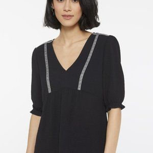 Reitmans Black Puffed Sleeve V-Neck Blouse with Braid Trim - Size XL